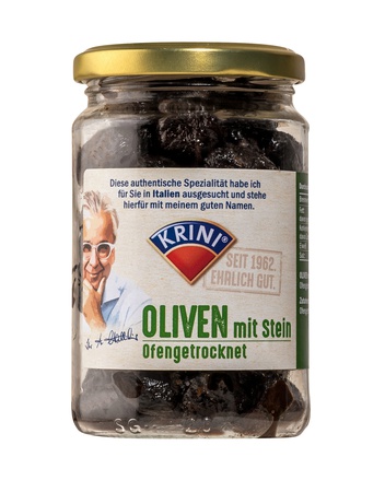 Krini getrocknete Schwarze Oliven mit Stein 314ml